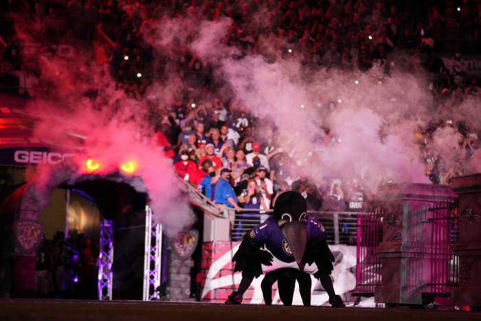 BALTIMORE, MARYLAND - SEPTEMBER 19: Baltimore Ravens mascot Poe runs onto the field prior to an NFL game against the Kansas City Chiefs at M&T Bank Stadium on September 19, 2021 in Baltimore, Maryland. (Photo by Cooper Neill/Getty Images)