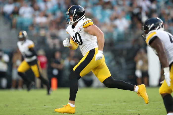 Steelers pass rusher T.J. Watt on the field during Sunday's big game.