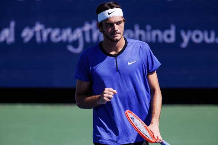 Taylor Fritz celebrates a win over Andrey Rublev in Cincinnati.