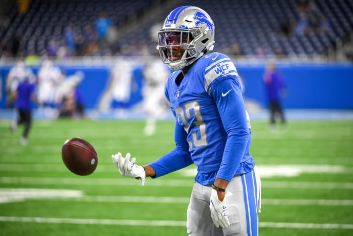 Jeff Okudah prepares for a Detroit Lions preseason game.