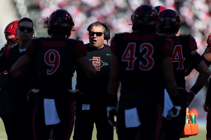 San Diego State Aztecs head coach Brady Hoke addresses his team.