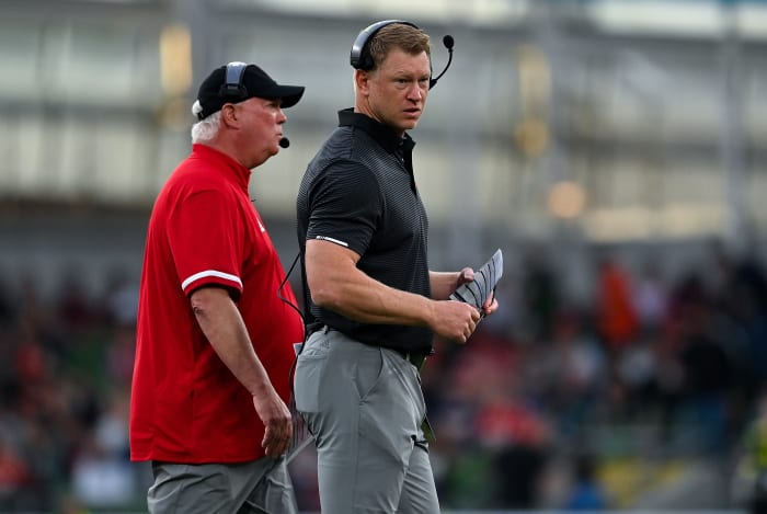 Nebraska Cornhuskers head coach Scott Frost and offensive coordinator Mark Whipple