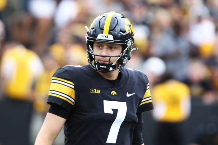 Quarterback Spencer Petras #7 of the Iowa Hawkeyes