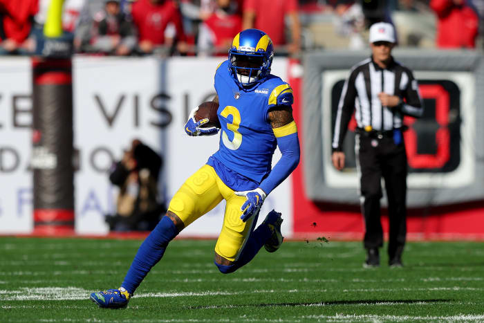 Odell Beckham Jr.  runs with the ball against the Buccaneers in the playoffs.