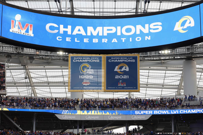 INGLEWOOD, CALIFORNIA - SEPTEMBER 08: Super Bowl LVI champions banner is displayed before the NFL game between the Los Angeles Rams and Buffalo Bills at SoFi Stadium on September 08, 2022 in Inglewood, California. (Photo by Harry How/Getty Images)
