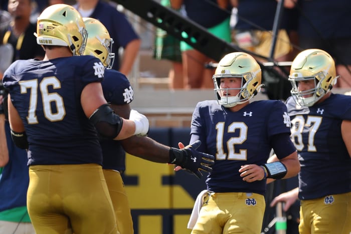 Notre Dame quarterback Tyler Buchner on the field.