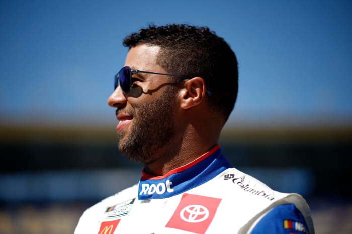 Bubba Wallace reacts to his big win on Sunday.