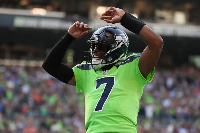 Geno Smith celebrating on the field.