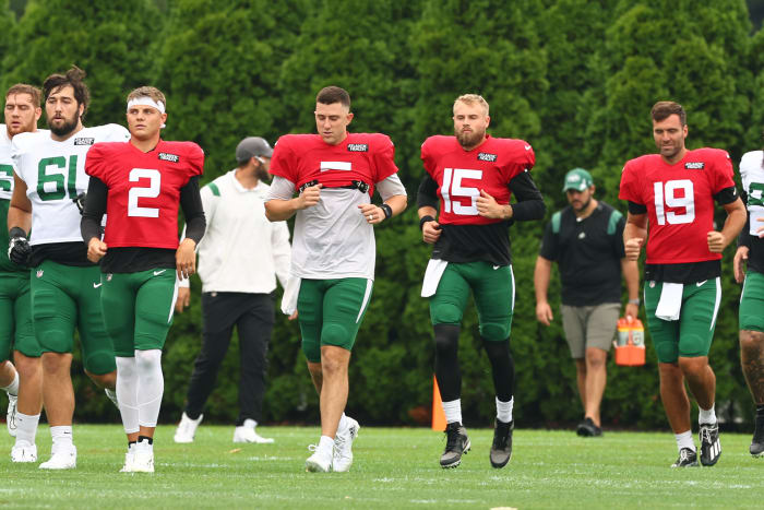 Zach Wilson, Mike White, Chris Streveler and Joe Flacco of the New York Jets during training camp