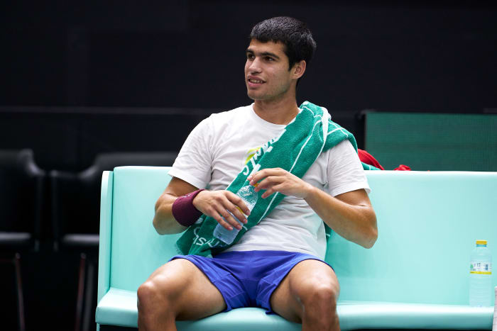 VALENCIA, SPAIN - SEPTEMBER 15: Carlos Alcaraz of Spain in a practice session ahead of the Davis Cup Group Stage 2022 Valencia match between Serbia and Korea Republic at Pabellon Fuente De San Luis on September 15, 2022 in Valencia, Spain. (Photo by Manuel Queimadelos/Quality Sport Images/Getty Images)