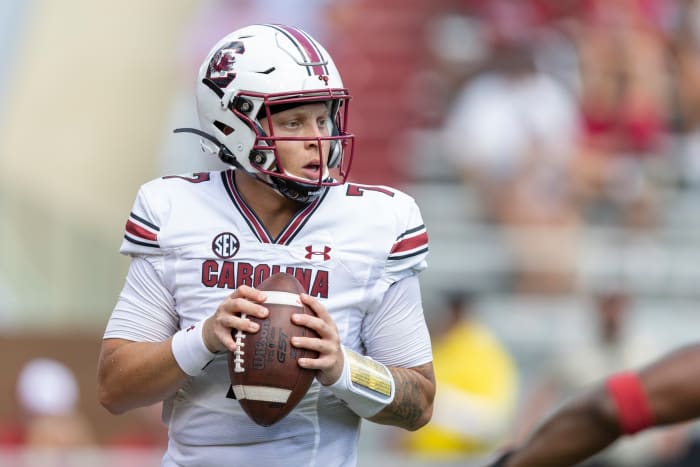 Spencer Rattler of South Carolina throws a pass.