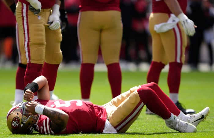 Trey Lance gets injured during his team's second half game.
