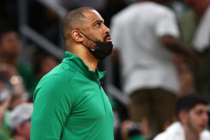 Boston Celtics head coach Ime Udoka on the floor during Game 4 of the 2022 NBA Finals.
