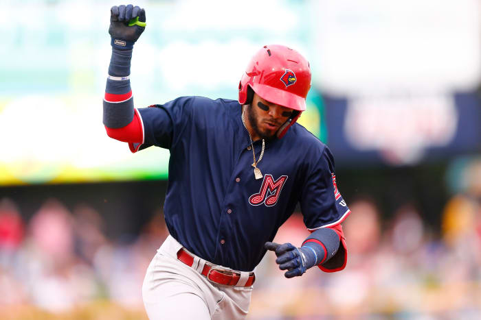 Delvin Perez rounds the bases after homering for the Memphis Redbirds.