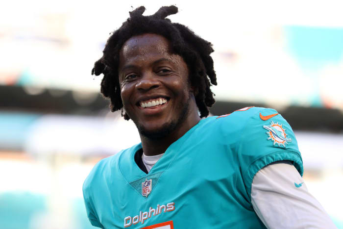 MIAMI GARDENS, FLORIDA - AUGUST 27: Teddy Bridgewater #5 of the Miami Dolphins looks on prior to playing the Philadelphia Eagles at Hard Rock Stadium on August 27, 2022 in Miami Gardens, Florida. (Photo by Megan Briggs/Getty Images)