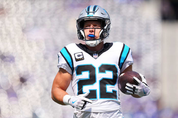 Christian McCaffrey on the field before a game.