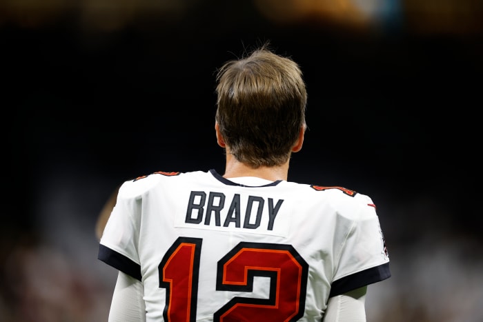 Tom Brady looks onto the field in New Orleans before a game.