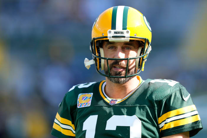 Packers quarterback Aaron Rodgers on the field against the Patriots.