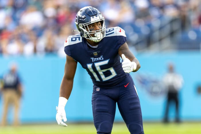 Treylon Burks of the Tennessee Titans at the line of scrimmage.