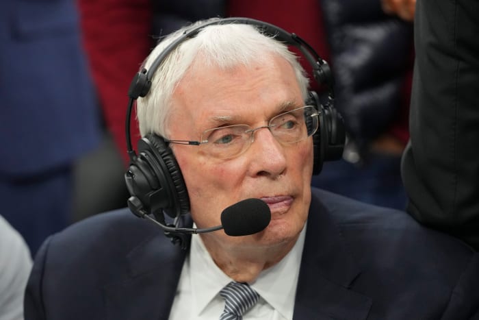 ESPN analyst Hubie Brown looks on during a game between the Denver Nuggets and Philadelphia 76ers in 2022.