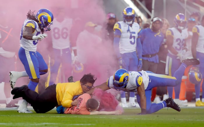 A protester streaking on the field.