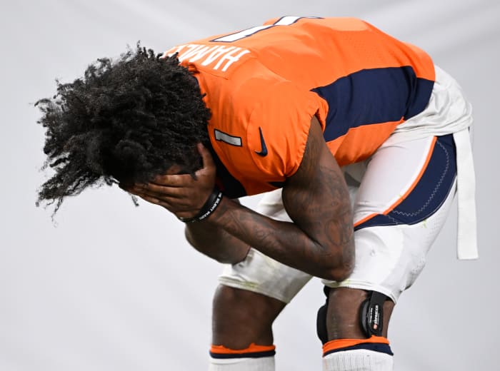 DENVER, COLORADO - OCTOBER 6: Denver Broncos wide receiver KJ Hamler (1) is upset after losing in overtime at Empower Field on October 6, 2022 in Denver, Colorado. The hometown Denver Broncos lost 12 to 9 over the Indianapolis Colts in overtime during week 5 of the NFL season. (Photo by RJ Sangosti/MediaNews Group/The Denver Post via Getty Images)