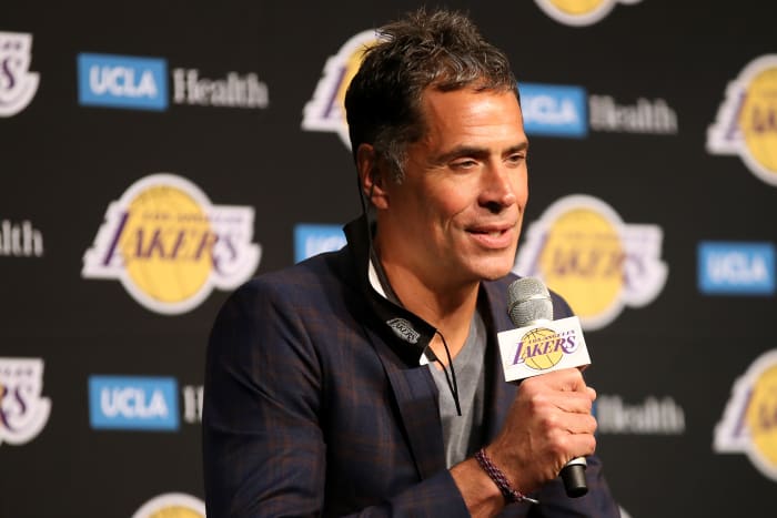 Lakers VP of Basketball Operations Rob Pelinka talks with the media during a press conference.