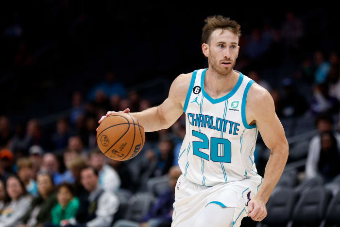 CHARLOTTE, NORTH CAROLINA - OCTOBER 10: Gordon Hayward #20 of the Charlotte Hornets dribbles during the first quarter of the game against the Washington Wizards at Spectrum Center on October 10, 2022 in Charlotte, North Carolina.  NOTE TO USER: User expressly acknowledges and agrees that, by downloading and or using this photograph, User is consenting to the terms and conditions of the Getty Images License Agreement.  (Photo by Jared C. Tilton/Getty Images)