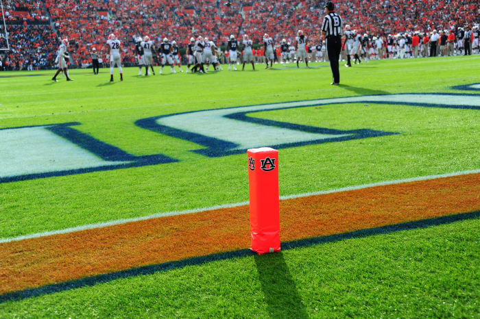AUBURN, AL - NOVEMBER 16: An Auburn Tigers end zone pylon is shown during the game against the Georgia Bulldogs at Jordan-Hare Stadium on November 16, 2013 in Auburn, Alabama. (Photo by Scott Cunningham/Getty Images)