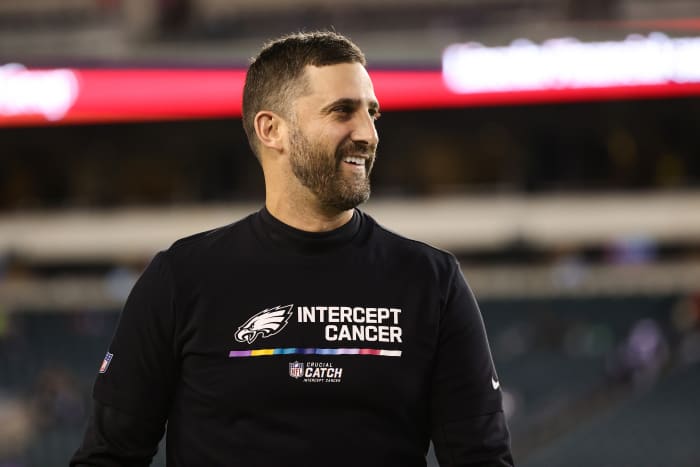 Eagles head coach Nick Sirianni on the field on Sunday night.