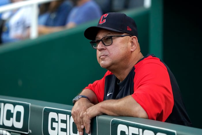 Guardians manager Terry Francona watches from the dugout  during a game against the Kansas City Royals.