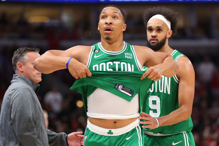 CHICAGO, ILLINOIS - OCTOBER 24: Grant Williams #12 of the Boston Celtics reacts as he leaves the floor after being ejected from the game against the Chicago Bulls during the second half at United Center on October 24, 2022 in Chicago, Illinois. (Photo by Michael Reaves/Getty Images)