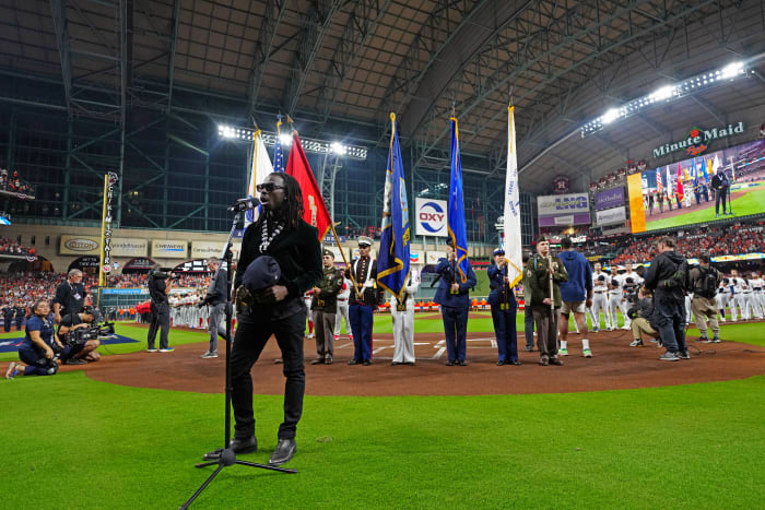 HOUSTON, TX - OCTOBER 28: Eric Burton sings the national anthem prior to Game 1 of the 2022 World Series between the Philadelphia Phillies and the Houston Astros at Minute Maid Park on Friday, October 28, 2022 in Houston, Texas. (Photo by Daniel Shirey/MLB Photos via Getty Images)