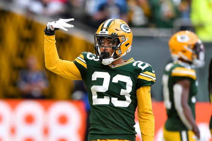 Packers cornerback Jaire Alexander gestures during Green Bay's London matchup against the New York Giants.