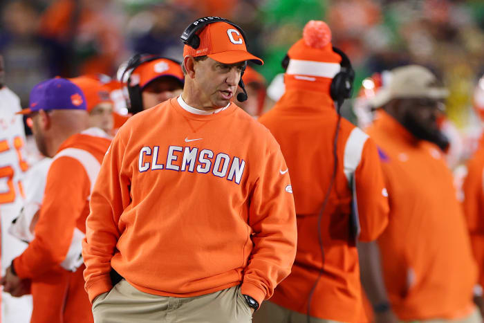 SOUTH BEND, INDIANA - NOVEMBER 05: Head coach Dabo Swinney of the Clemson Tigers reacts against the Notre Dame Fighting Irish during the first half at Notre Dame Stadium on November 05, 2022 in South Bend, Indiana. (Photo by Michael Reaves/Getty Images)