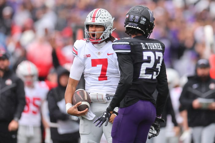 CJ Stroud of the Ohio State Buckeyes celebrates.
