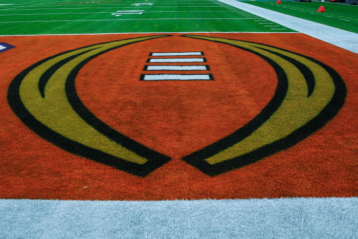 The College Football Playoff logo on the field before the semifinal between Clemson and Ohio State.