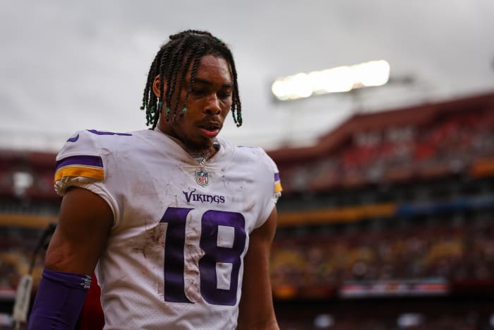 Justin Jefferson looks on for the Vikings.