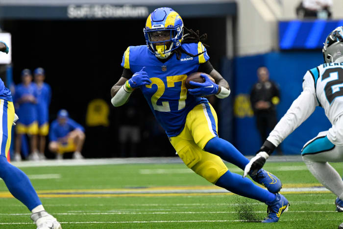 Darrell Henderson Jr. runs the ball for the Los Angeles Rams