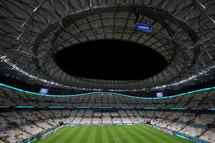 A wide shot of a World Cup stadium in the FIFA World Cup.