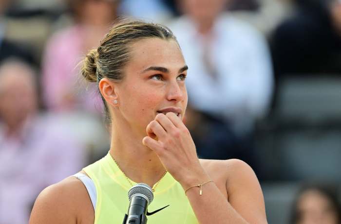 ROME, ITALY - MAY 18: Aryna Sabalenka gestures after the Women's Singles final match between Iga Swiatek and Aryna Sabalenka on Day Thirteen of Internazionali BNL D'Italia 2024 at Foro Italico on May 18, 2024 in Rome, Italy. (Photo by Silvia Lore/Getty Images)