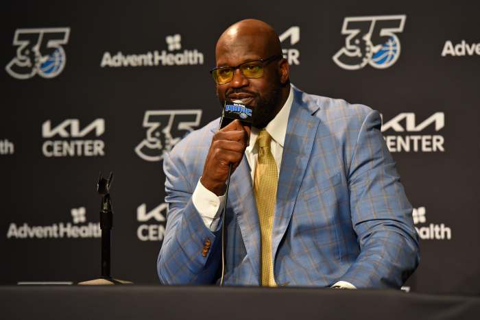 Shaquille O'Neal speaks during a press conference.