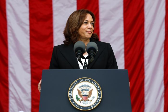 ARLINGTON, VIRGINIA - NOVEMBER 11: U.S. Vice President Kamala Harris gives remarks at a National Veterans Day Observance ceremony in the amphitheater of the Arlington National Ceremony on November 11, 2022 in Arlington, Virginia. In her remarks Harris noted that this is the first Veteran's day since U.S. President Joe Biden passed the PACT act, which expanded health care for service members who were exposed to burn pits in Iraq and Afghanistan or other chemical irritants used in previous conflicts. (Photo by Anna Moneymaker/Getty Images)