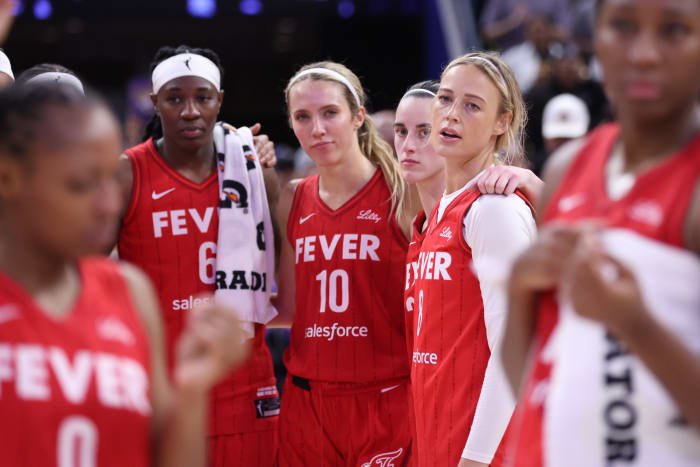 Lexie Hull, Caitlin Clark, Natasha Howard and Sophie Cunningham together.