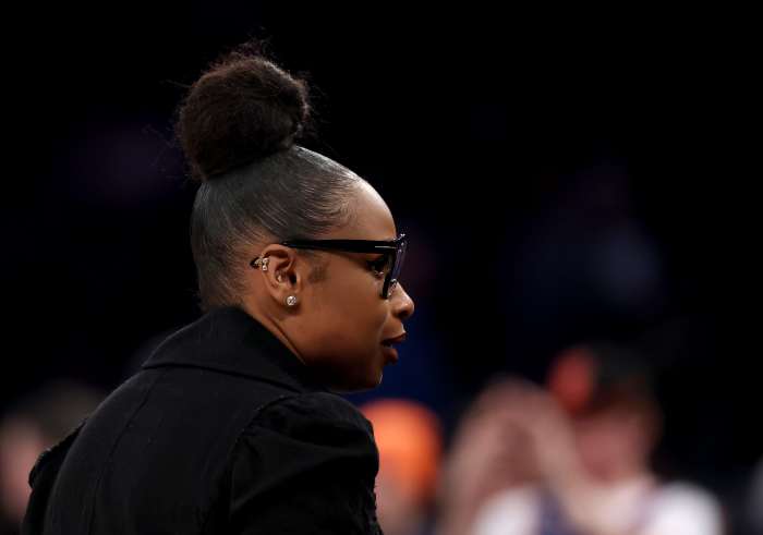 NEW YORK, NEW YORK - MARCH 04: Jennifer Hudson attends the game between the New York Knicks and the Golden State Warriors at Madison Square Garden on March 04, 2025 in New York City. (Photo by Elsa/Getty Images)