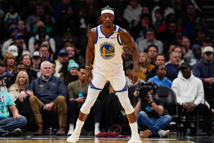 Golden State Warriors forward Jimmy Butler III (10) on defense during the second quarter against the Charlotte Hornets at Spectrum Center