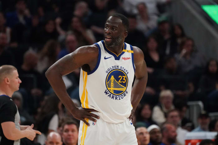 Golden State Warriors forward Draymond Green (23) looks back at the referee during a game against the Detroit Pistons.