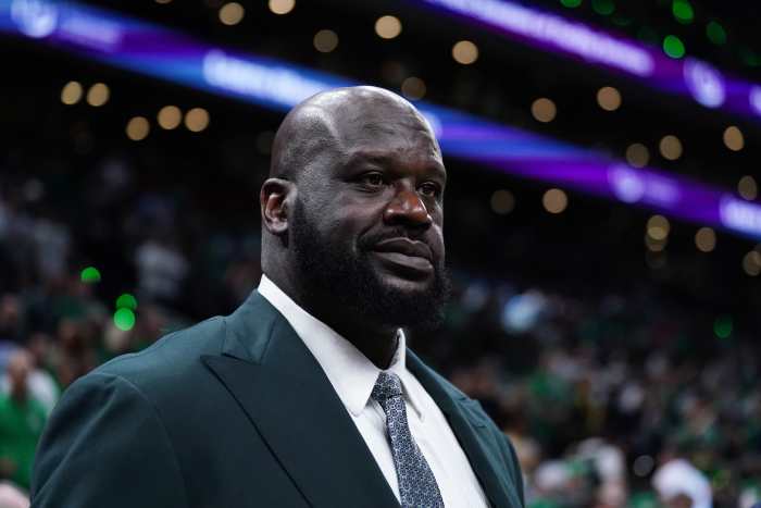 Shaquille O'Neal looks on before the game between the Boston Celtics and the Dallas Mavericks in game one of the 2024 NBA Finals.