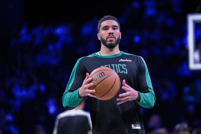 Mar 15, 2025; Brooklyn, New York, USA; Boston Celtics forward Jayson Tatum (0) warms up before a game against the Brooklyn Nets at Barclays Center.