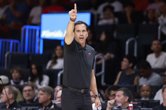 Miami Heat head coach Erik Spoelstra reacts against the Charlotte Hornets during the second half at Kaseya Center. Mandatory Credit: Rhona Wise-Imagn Images